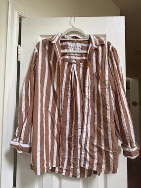 Frank & Eileen Rust-Brown and White Vertical Stripe Shirt Joedy Size M Medium